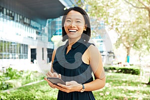 Business woman and asian portrait with smartphone for outdoor break at office building in Japan. Corporate Japanese girl