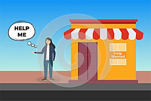 Business Woman is asking for help in front of a store vector. Flat female character illustration with a help-me text bubble.