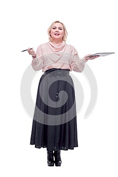 Business woman atanding with pen in her hand and clipboard, isolated on a white background