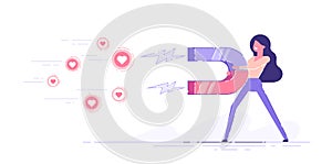 Business woman attracting likes signs with a huge magnet. Social media marketing concept. Modern vector illustration