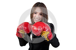 Business woman Attractive Boxing glove suit isolated