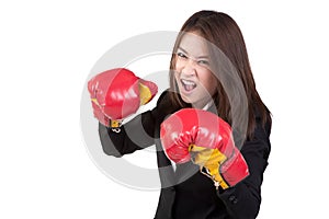 Business woman Attractive Boxing glove suit isolated