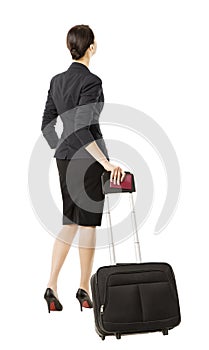 business woman back in airport, isolated over white, businesswoman in suit looking up, full length portrait