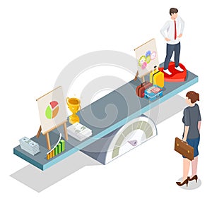 Business woman balancing work and family, vector isometric illustration. Work life balance concept.