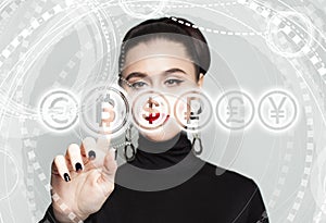 Business woman with Bitcoin symbol. Blockchain Transfers Concept