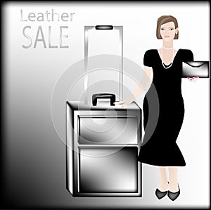 Business woman in black dress with pearls in one hand holding a leather bag in the other leather black case