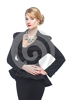 Business woman in black elegant suit,