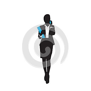 Business Woman Black Silhouette Full Length Speak Cell Smart Phone Call Over White Background
