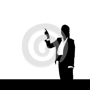 Business Woman Black Silhouette Point Finger To Copy Space Over White Background