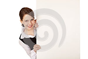 Business woman blank advertisement board