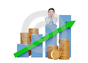 business woman in blue shirt putting her chin in hand while leaning on bar chart Stock growth with up graph statistics arrow