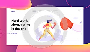 Business Woman Boxing with Big Glove Landing Page. Woman Fighting in Boxing Gloves. Business Competition, Challenge