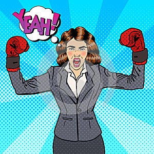 Business Woman in Boxing Gloves Celebrating Success in Business. Pop Art