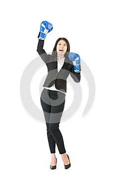 Business woman in boxing with victory pose