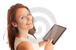 Business woman brousing the web on a tablet isolated over white