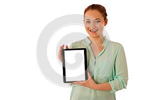 Business woman brousing the web on a tablet isolated over white