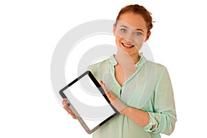 Business woman brousing the web on a tablet isolated over white