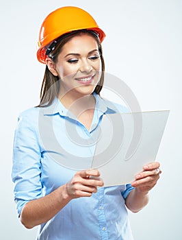 Business woman builder engineer, white blank board