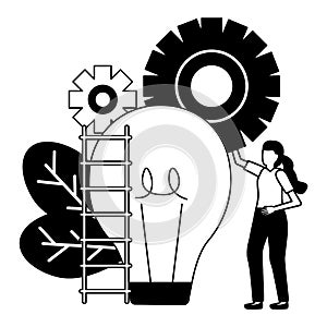 Business woman bulb ladder gears