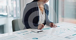 Business woman, calculator and financial statistics, graphs or charts for revenue, profit and budget report. Hands of an