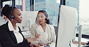 Business woman, call center and coaching intern on computer in customer service or support at office. Female person