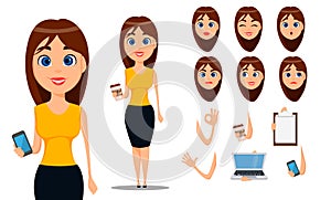Business woman cartoon character creation set. Young attractive businesswoman in smart casual clothes.
