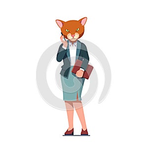 Business woman with cat head talking on phone