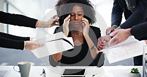 Business woman, chaos and headache for time management mistake, project risk and job crisis. African manager or