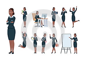 Business woman character. Afro-american office professional worker female in different poses of activity. Cartoon