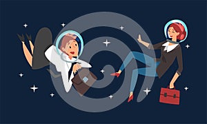 Business Woman Character with Briefcase in Suit and Astronaut Helmets Flying in Outer Space Among Stars Vector Set