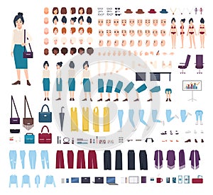 Business woman character constructor. Girl clerk creation set. Different postures, hairstyle, face, legs, hands, clothes