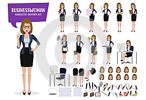 Business woman character creation kit vector set. Businesswoman characters create editable face, hand and body movement.