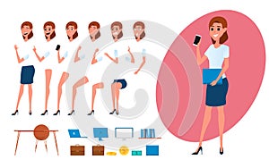 Business woman character creation set for animation. Parts body template. Different emotions, poses and running, walking