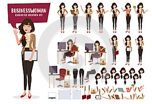 Business woman character creation vector set. Businesswoman female characters editable create face and body parts movement.