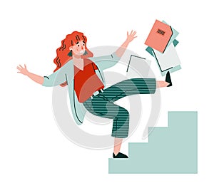 Business woman character falling from stairs flat vector illustration isolated.