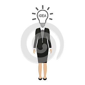 Business woman character with light bulb head