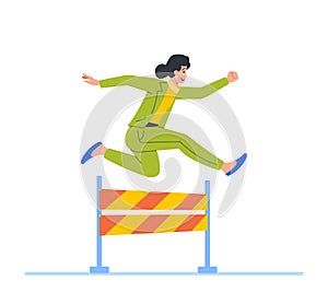 Business Woman Character Running Obstacle Race Jumping over Barrier. Leader Businesswoman Compete for Leadership