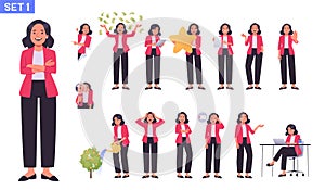 Business woman character set. Businesswoman or office worker in various poses, emotions, gestures. The manager searches, invests,