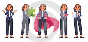 Business woman character set. The girl makes a helpless gesture,  sorry, a superhero, holds a puzzle in her hands