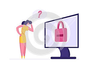 Business Woman Character Stand at Huge Desktop with Padlock on Screen Trying to Remember Password Identification