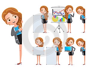 Business woman character vector set. Female businesswoman characters holding whiteboard.