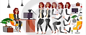 Business Woman Character Vector. Working Female Girl Boss. Office. Girl Developer. Animation Set. Attractive Lady photo