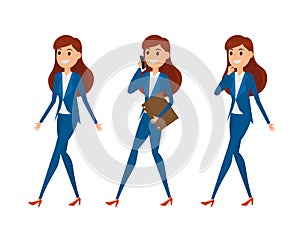 Business woman characters. Woman in elegant office clothes with a variety poses, talking on phone, walking, and thinking.