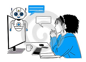 Business woman chatting with chat bot vector.