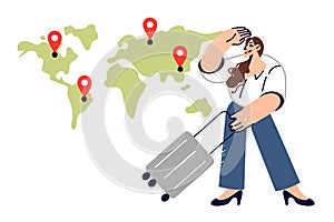 Business woman chooses place for emigration, standing near world map with suitcase for travel