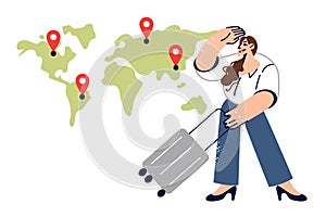 Business woman chooses place for emigration, standing near world map with suitcase for travel photo