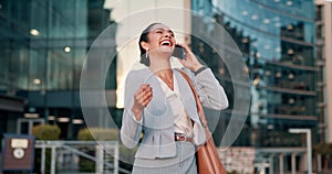 Business woman, city and phone call for travel communication, networking and laughing on her way to work. Excited