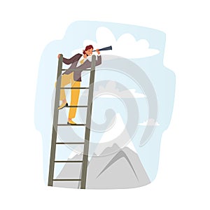 Business Woman Climb Ladder Watching Far into Spyglass. Business Vision, Recruitment Employee, Business Prediction