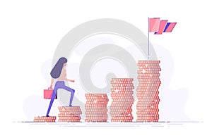 Business woman is climbing stairs from stacks of coins toward his financial goal. Personal investment and pension savings concept