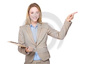 Business woman with clipboard and finger up